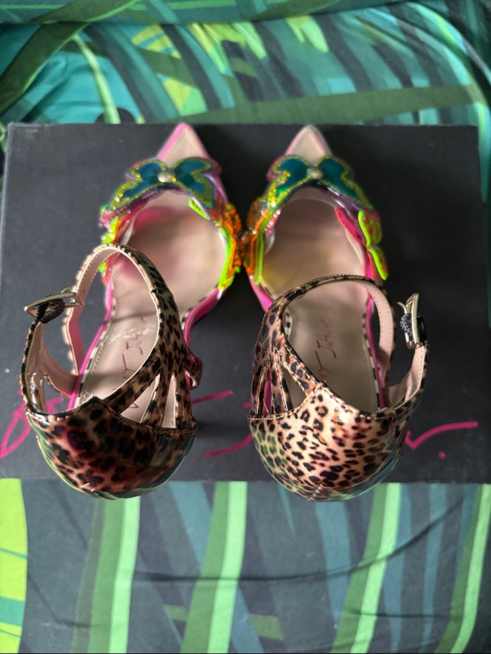 Betsey Johnson Leopard Print Strappy Heels with Rainbow Stripe Heel - Picture 4 of 15